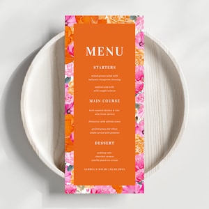 Menù di nozze con fiori freschi e vivaci rosa e arancioni, menù digitale per cena di tre portate, menù per festa di fidanzamento, menù estivo fai da te divertente e vivace