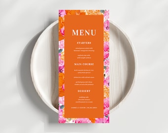 Fresh Bright Pink and Orange Floral Bloom Wedding Menu, Digital Three Course Dinner Menu, Engagement Party Menu, DIY Summer Fun Vibrant Menu