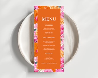 Fresh Bright Pink and Orange Floral Bloom Wedding Menu, Three Course Dinner Menu, Engagement Party Menu, DIY Summer Fun Bright Vibrant Menu