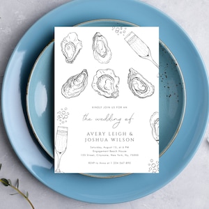 Digital Champagne & Oysters Roast Wedding Invitation - Editable Printable White Hand Drawn Wedding Invite - DIY champagne oyster invitation