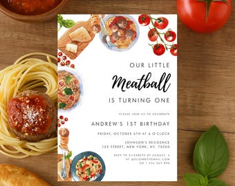 Little Meatball 1st Birthday Invitation – Italian Food Birthday Party Invite – Editable Spaghetti Meatball Baby First Birthday Template