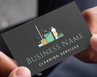 May include: A black and white business card with a green, yellow and white cleaning supplies icon. The text "BUSINESS NAME CLEANING SERVICES" is printed in white on the card.