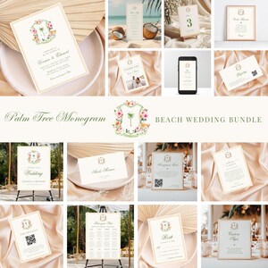 May include: A wedding stationery bundle featuring a palm tree monogram crest with floral accents. The set includes invitations, menus, table numbers, thank you cards, registry cards, welcome signs, place cards, and RSVP cards with gold borders.