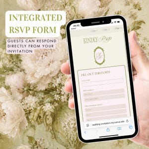 May include: A smartphone screen displaying an integrated RSVP form for a wedding invitation. The interface features the text "KINDLY RSVP," a decorative oval monogram, and fields for full name, attendance status, and guest count on a cream background.