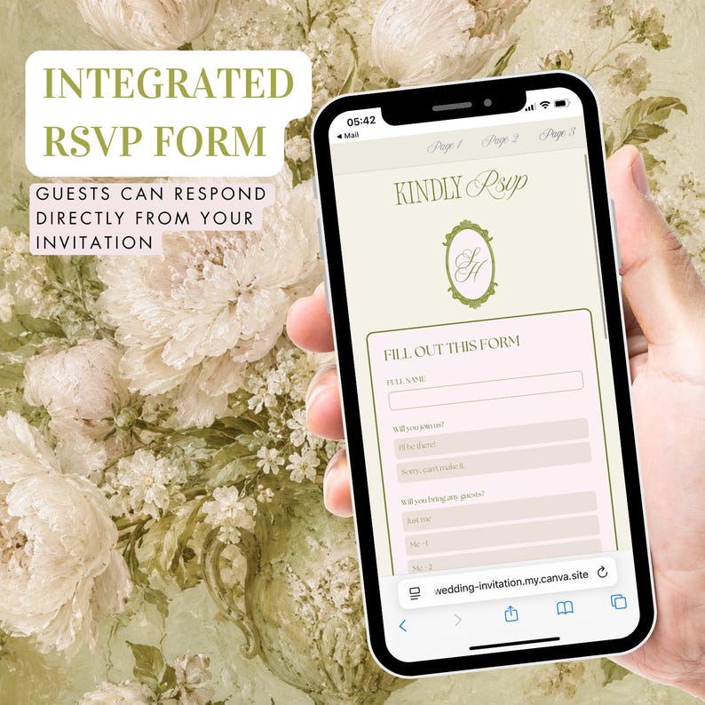 May include: A smartphone screen displaying an integrated RSVP form for a wedding invitation. The interface features the text "KINDLY RSVP," a decorative oval monogram, and fields for full name, attendance status, and guest count on a cream background.