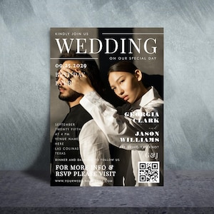 May include: Wedding invitation featuring a couple with the text "WEDDING" and event details. The invitation includes the date, time, and location, along with the names Georgia Clark and Jason Williams. A QR code is also present.