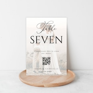 Light Faded Wedding Menu Table Number Template - Photo & QR Code Table Number Menu - Editable Printable Table Number, Instant Download