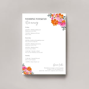 Tarjeta de eventos de fin de semana con flores en rosa y naranja - Plantilla de itinerario de boda en un jardín de verano - Calendario digital de tarjetas de boda, editable e imprimible