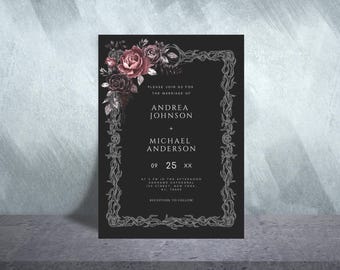Black Floral Gothic Wedding Invitation Template (Instant Download)