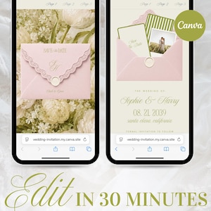May include: Two smartphone screens displaying a digital wedding invitation template. The left shows a pink envelope with lace trim and a wax seal. The right shows an open envelope with cards, a photo, and text reading Sophie & Harry 08. 21. 2039.