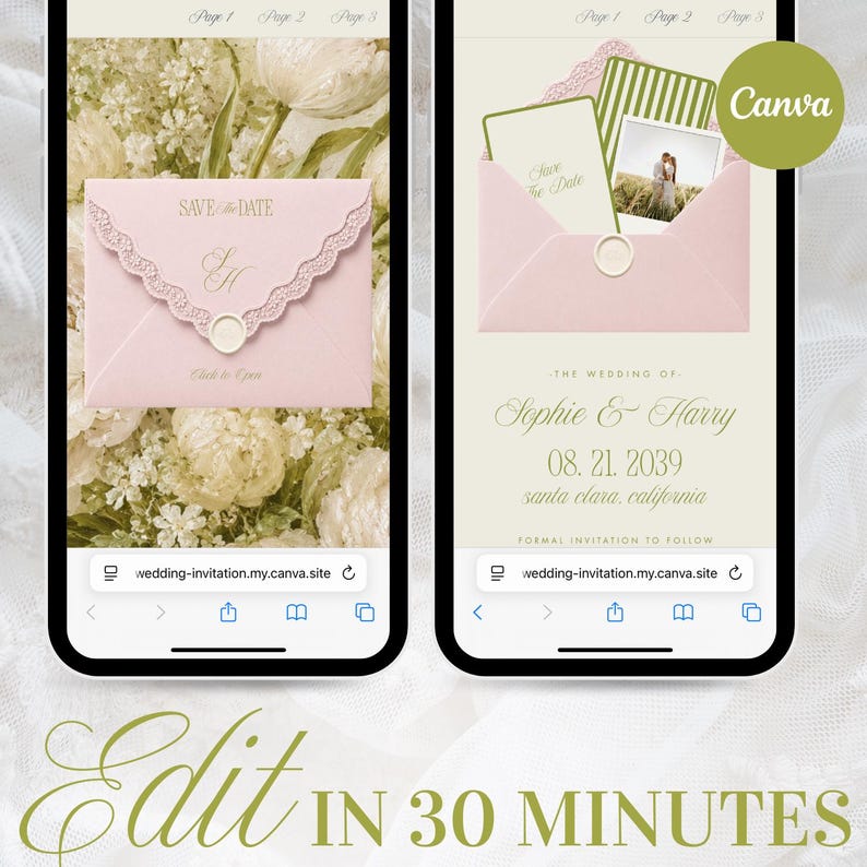May include: Two smartphone screens displaying a digital wedding invitation template. The left shows a pink envelope with lace trim and a wax seal. The right shows an open envelope with cards, a photo, and text reading Sophie & Harry 08. 21. 2039.