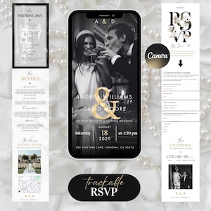 May include: A digital wedding invitation suite featuring a central smartphone display with a black and white photo of a couple, gold text reading Andrea Williams and David Moore, and event details including the date August 18, 2029, and location.