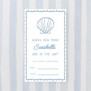 Tarjeta de adivinanzas para baby shower "Te amo, te amo" - ¿Cuántas conchas hay en el frasco? - Tema del océano costero - Tarjeta imprimible de 2x3.5, colores editables