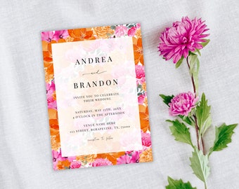 Digital Pink and Orange Wedding Invitation - Editable Vibrant Watercolor Floral Wedding Invite - DIY Light Faded Wedding Invitation Template