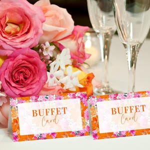 Licht vervaagd roze oranje buffetkaart - bloemen zwart buffetkaartsjabloon - kaarten met voedseletiketten - bruiloft buffetsjabloon, INSTANT download