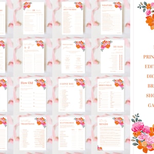 Pink Orange Bridal Shower Games Bundle - Digital Floral 16 Bridal Shower Games - DIY Garden Bloom Bridal Shower Bundle, EDITABLE PRINTABLE
