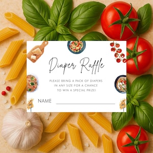 Tarjeta de rifa de pañales para baby shower con comida italiana - Editable - Tema "That's Amore" - Plantilla de espagueti y tomate - Descarga instantánea, Templett