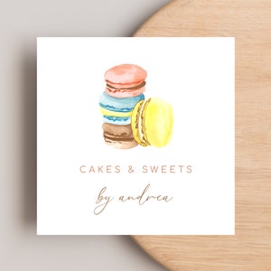 Bunte Macarons-Visitenkarte, quadratische Visitenkarte der Bäckerei, Social Media Icons QR-Code, digitale Vorlage, bearbeitbare druckbare Templett