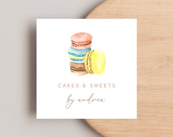 Colorful Macarons Qr Code Social Media Bakery Cute Square Business Card, Social Media Icons, Minimalist Simple Elegant Bakery Calling Card