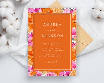 Bright Pink Orange Watercolor Floral Vibrant Fresh Spring Summer Bloom Wedding Invite | Colorful Joyful Trendy QR Code Wedding Invitation