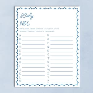 Juego ABC para baby shower "Sea You Soon" - Temática oceánica costera - Conchas dibujadas a mano - Tarjeta imprimible de 4.5 x 5.6 para baby shower, colores editables SVG