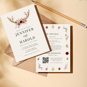 Convite de casamento rústico Boho com chifres de veado e flores, tudo em um, modelo de convite de casamento bege com código QR de 2 páginas, download instantâneo editável