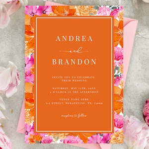Helle rosa Orange Aquarell Blumen lebendige frische Frühling Sommer Blüte Hochzeit einladen | Bunte fröhliche trendige QR Code Hochzeitseinladung