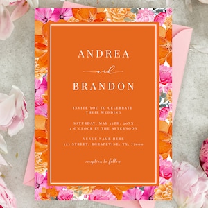 Bright Pink Orange Watercolor Floral Vibrant Fresh Spring Summer Bloom Wedding Invite | Colorful Joyful Trendy QR Code Wedding Invitation