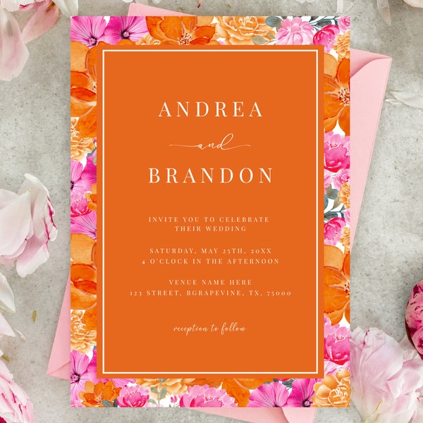 Faire-part de mariage floral aquarelle rose orange vif printemps frais fleur d'été | Faire-part de mariage coloré joyeux et tendance avec code QR