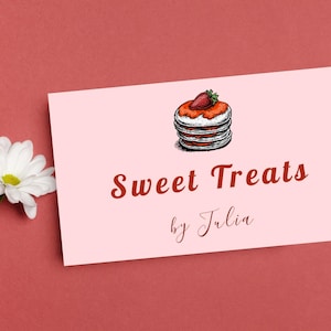 Tarjeta de presentación de panadero y fabricante de postres personalizada - Dulces delicias de Business Card - Plantilla de ilustración de panqueques rosados y rojos, editable e imprimible
