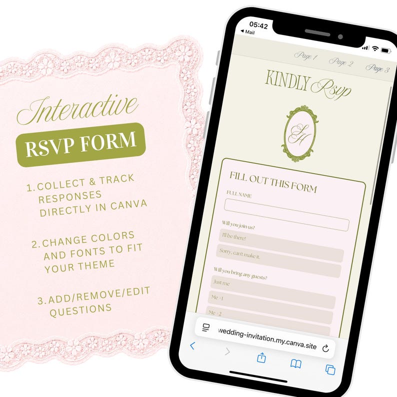 May include: A smartphone displaying an interactive RSVP form with a cream background, olive green accents, and a monogram logo. Next to it, a light pink card with scalloped edges features the text Interactive RSVP FORM and instructions.