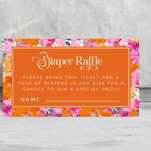 Rozeoranje bloemen bijsluiter luierloterij | Bewerkbare bloemen babyshowerkaart | Kleurrijke luierloterijkaart, direct download