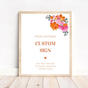 Póster personalizado rosa y naranja, letrero personalizado editable de 8 x 10, letrero para baby shower, letrero floral digital personalizable, descarga instantánea.