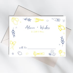 Scheda di auguri e consigli per la festa nuziale italiana disegnata a mano / Gioco per la festa nuziale al limone toscano / Scheda di chiusura stampabile modificabile