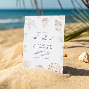 Invitación de boda con conchas: Estrellas de mar y perlas (Plantilla editable, descarga instantánea)