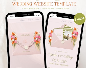 Mall för webbplats med rosa och orange trädgårdsblommor för bröllop, spårbart OSA-formulär, nedräkningstimer, animerat kuvert, Canva-spara-datumet, romantiskt