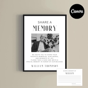 Puede incluir: Una impresión conmemorativa enmarcada en negro con el texto "SHARE A MEMORY" sobre una foto en blanco y negro de un hombre. Debajo de la foto hay texto que invita a los invitados a compartir recuerdos. Se incluye una tarjeta pequeña.