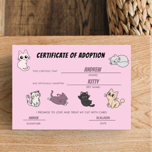 Pink Kitty Cat Certificate of Adoption - Editable Pet Adoption Certificate Template, Kitty Cat Kitten Birthday, Editable Instant Download