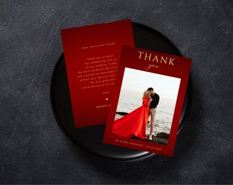 Dark Red & Gold Photo Wedding Thank You Card - Digital Minimalist Elegant Thank You Card - DIY Editable Red Gold Thank You Card Template