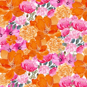 May include: A seamless pattern featuring a variety of watercolour flowers in shades of orange, pink, and yellow. The flowers are arranged in a random pattern and are set against a white background.