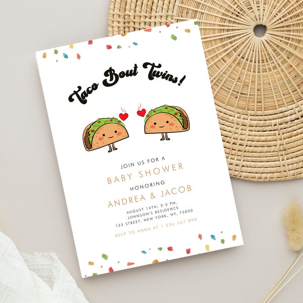 Taco Bout Twins Fiesta Groovy Retro Baby Shower Invitation | Identical Twins Mexican Theme | Unique Cute Tacos Digital Baby Shower Invite