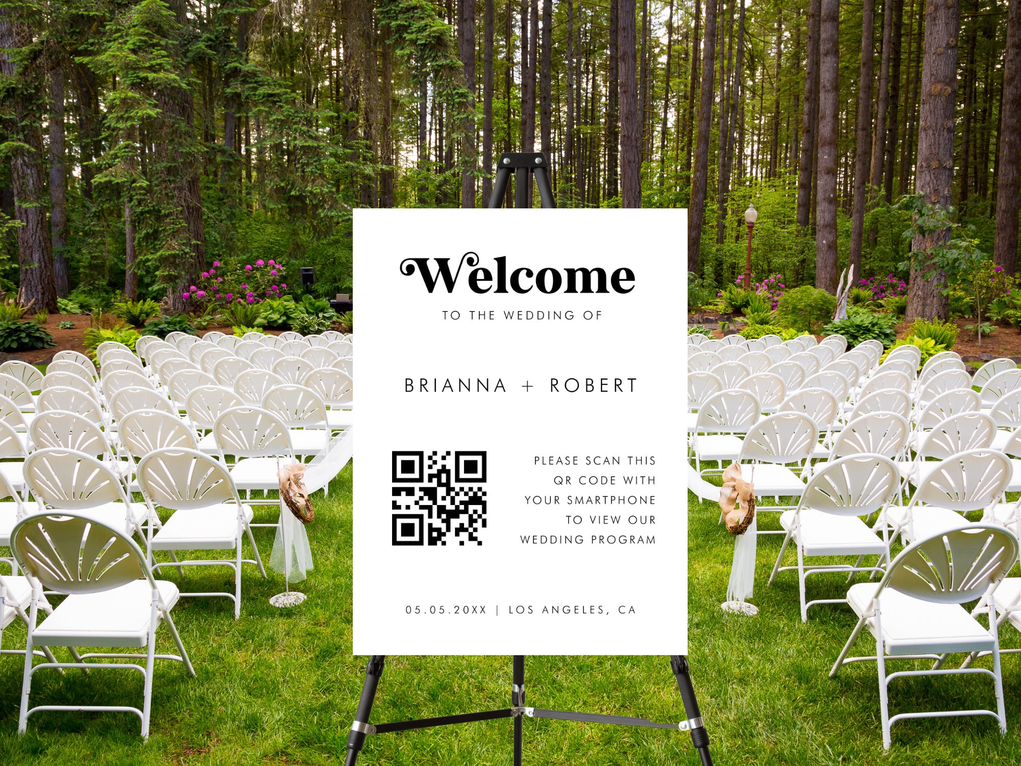 Digital QR Code Wedding Program Welcome Sign - Simple Retro Wedding Program Wedding Sign - DIY White Wedding Sign, Editable Printable