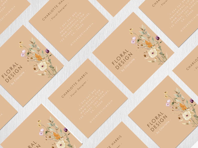 Tarjeta de presentación cuadrada editable de diseñador - Plantilla de tarjeta de presentación DIY con flores silvestres en acuarela - Tarjeta de presentación con diseño floral imprimible digitalmente imagen 3