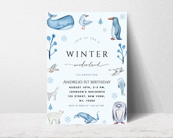 DIY Blue Winter ONEderland Birthday Invite - Editable Arctic Animals 1st Birthday Invite - Winter Wonderland Birthday Invitation Template