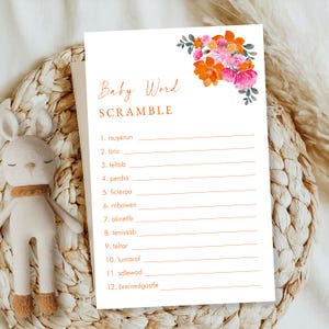 Pink Orange Floral Word Scramble Baby Shower Game - Editable Garden Baby Shower Game - Digital Baby Word Scramble Activity, Instant Download