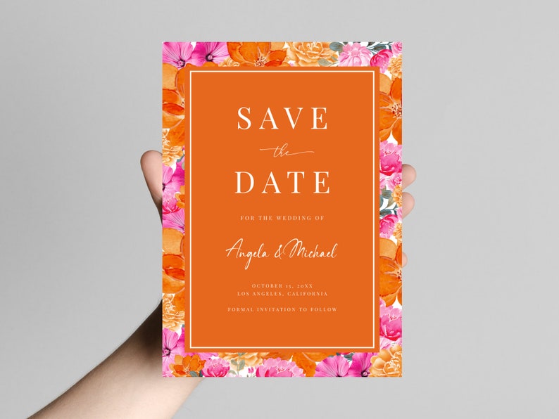 Pink Orange Wedding Save the Date Blooming Summer Garden Watercolor Floral Save the Date Invite Editable Printable Digital Template image 3