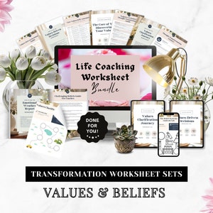 Pacchetto di fogli di lavoro per il life coaching, modello di quaderno di lavoro per il coaching, kit di strumenti per il coaching, risorse per il life coach, miglioramento personale, valori e convinzioni