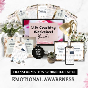 Pacchetto di fogli di lavoro per life coaching, modello di cartella di lavoro per coaching, risorse per life coach, kit di strumenti per coaching, miglioramento personale, consapevolezza emotiva