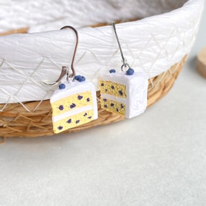 Handmade Blueberry Cake Novelty Earrings | Polymer Clay Mini Cake Dangle Earrings | Cute Cake Slice Earrings