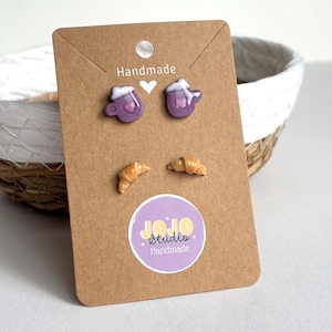 Croissant and Coffee Stud Earrings Set | Handmade Polymer Clay Novelty Food Earrings